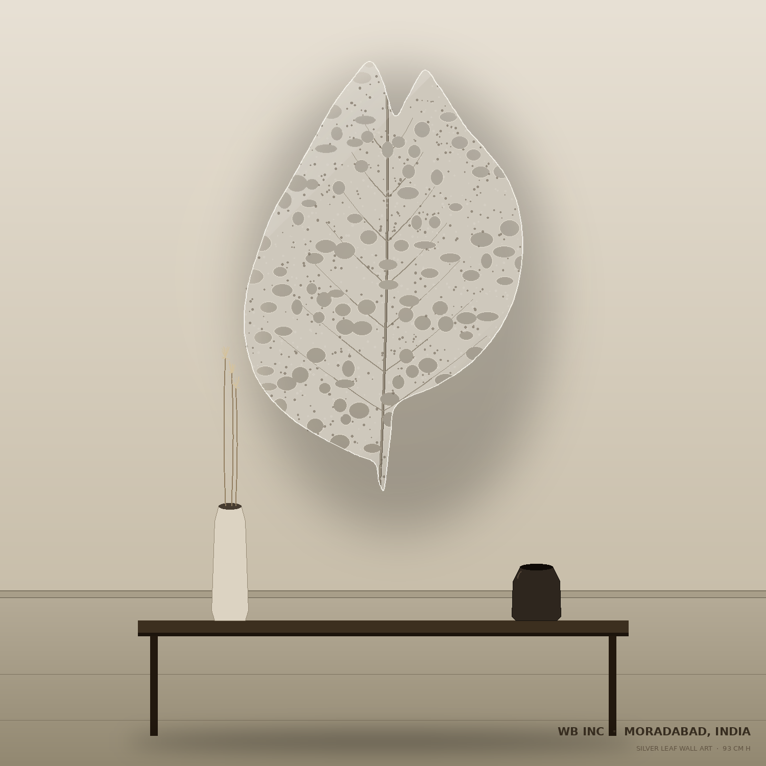 Handcrafted metal leaf wall sculpture styled in a contemporary interior