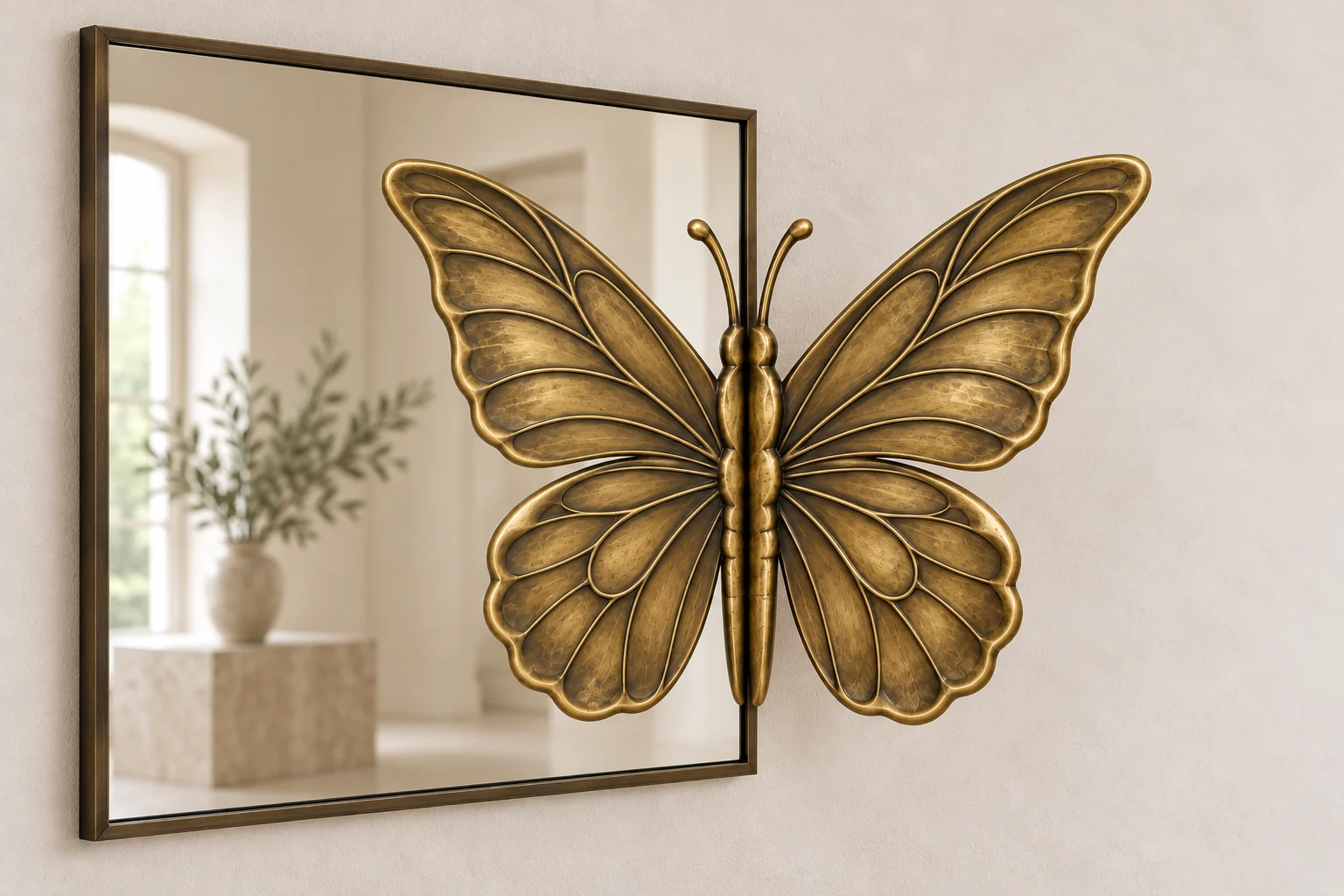 Monarch Echo sculptural mirror in warm brass tone, tall rectangular frame