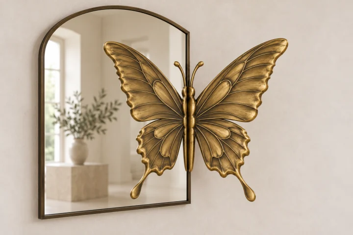 Swallowtail Echo sculptural mirror in warm brass tone, arched-top rectangular frame