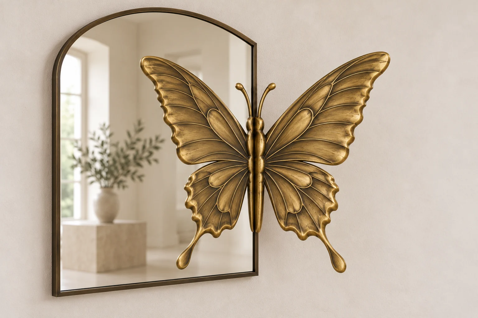 Swallowtail Echo sculptural mirror in warm brass tone, arched-top rectangular frame