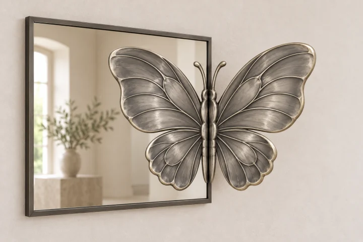 Morpho Echo sculptural mirror in satin silver tone, wide rectangular frame