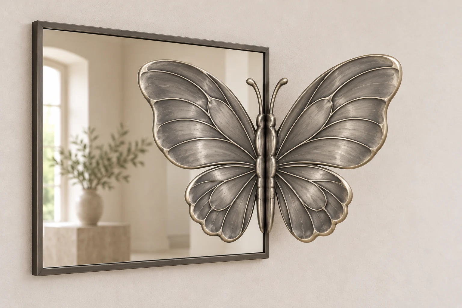 Morpho Echo sculptural mirror in satin silver tone, wide rectangular frame