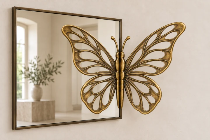 Lacewing Echo sculptural mirror in warm brass tone, slender rectangular frame