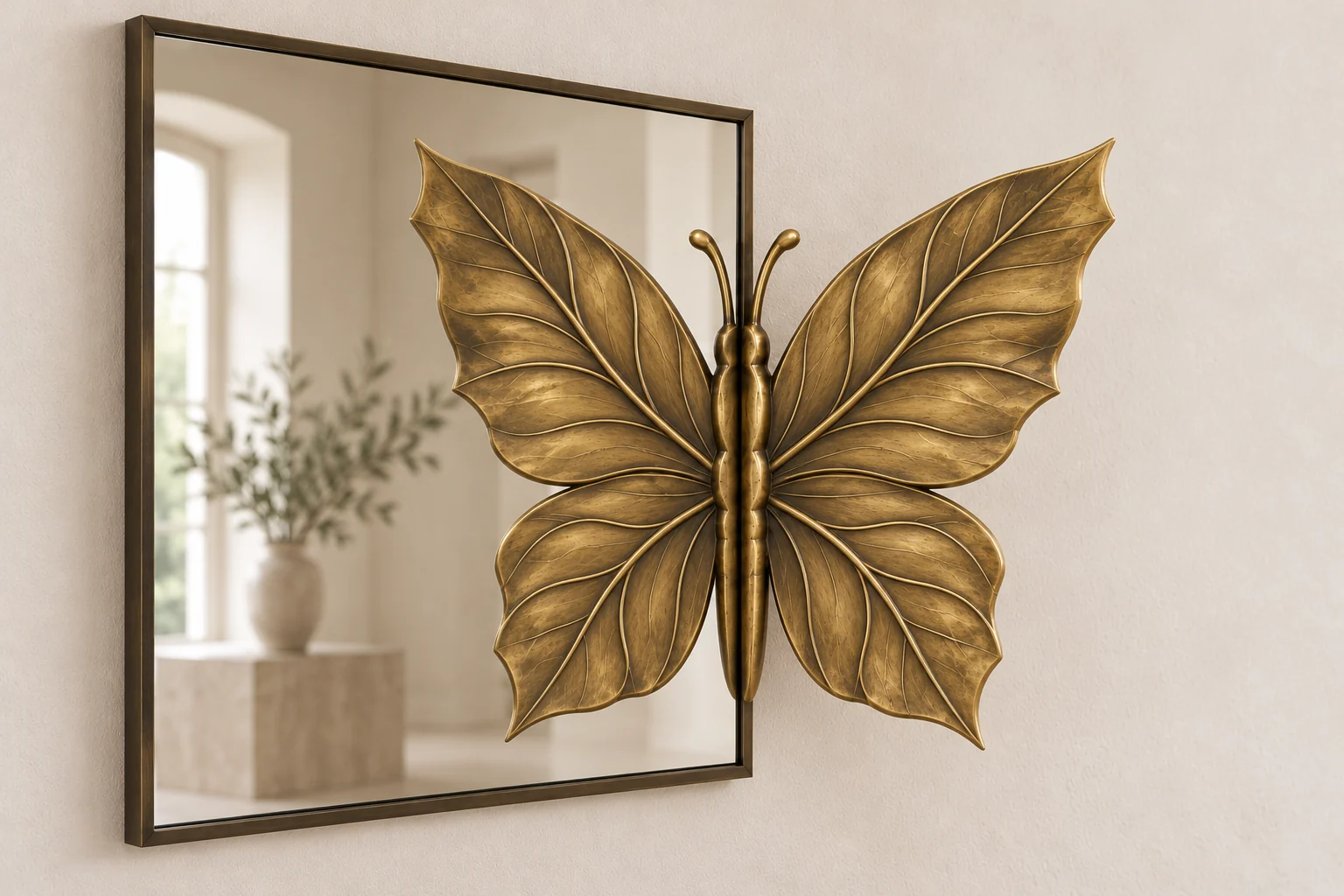 Leafwing Echo sculptural mirror in warm brass tone, tall rectangular frame