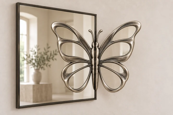 Glasswing Echo sculptural mirror in satin silver tone, square frame