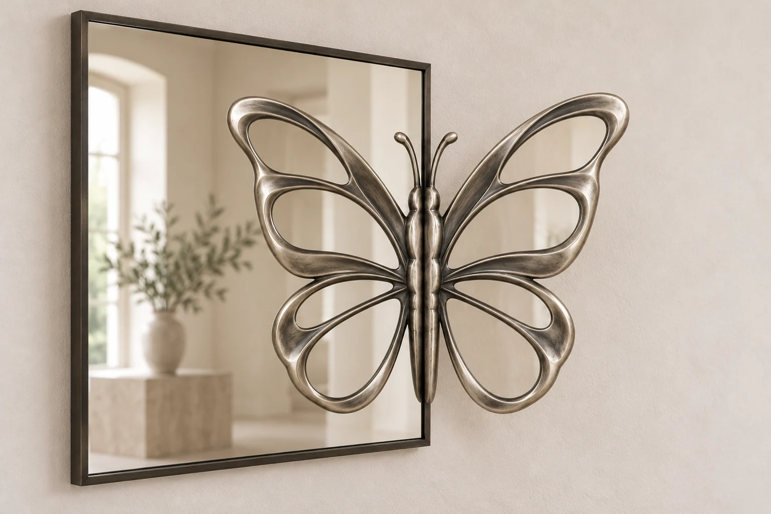 Glasswing Echo sculptural mirror in satin silver tone, square frame