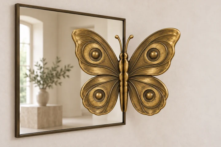 Peacock Eye Echo sculptural mirror in warm brass tone, broad rectangular frame