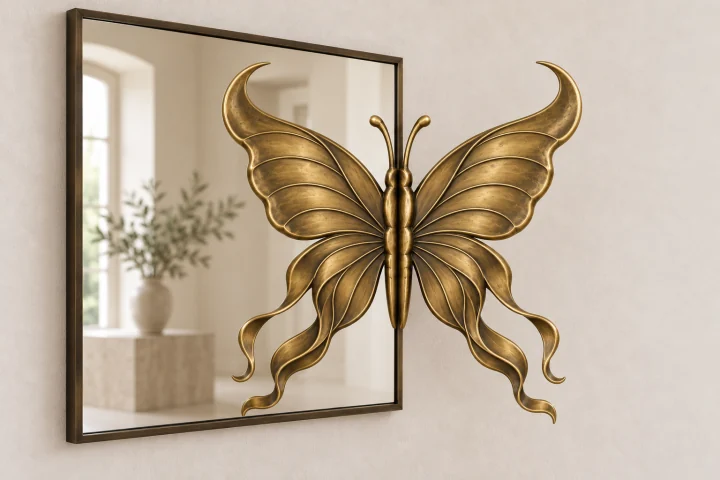 Ribbon Tail Echo sculptural mirror in warm brass tone, tall narrow rectangular frame
