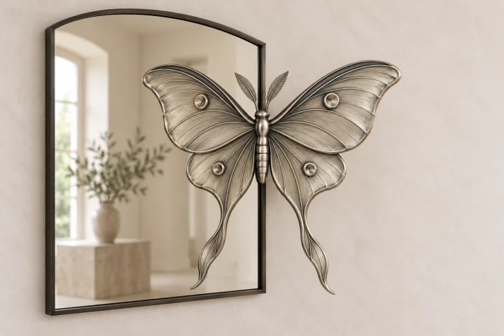 Luna Echo sculptural mirror in satin silver tone, arched-top rectangular frame