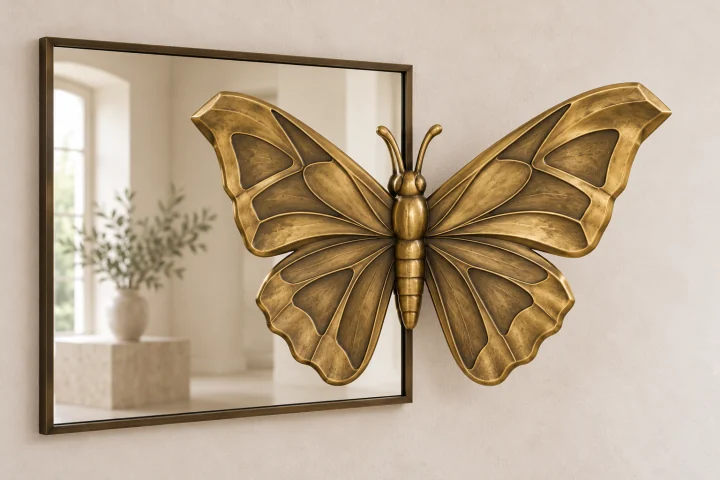 Atlas Echo sculptural mirror in warm brass tone, wide rectangular frame