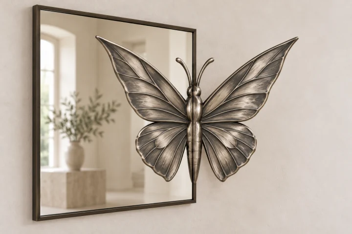 Hawk Moth Echo sculptural mirror in satin silver tone, tall rectangular frame