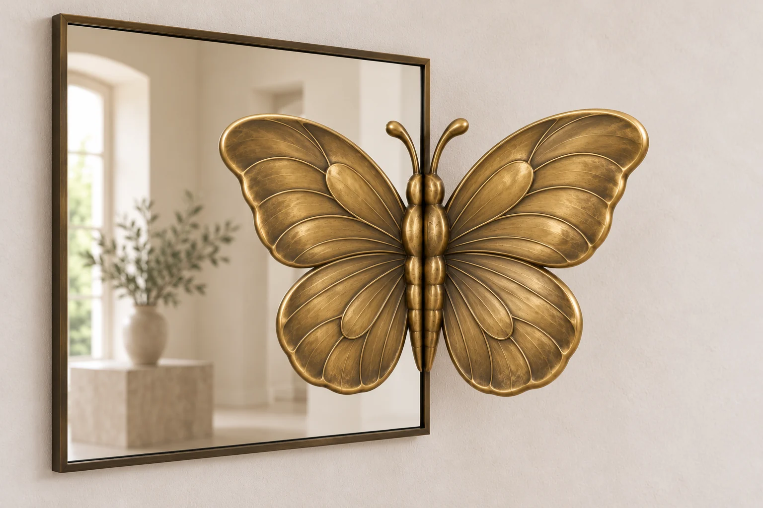 Silk Moth Echo sculptural mirror in warm brass tone, square frame