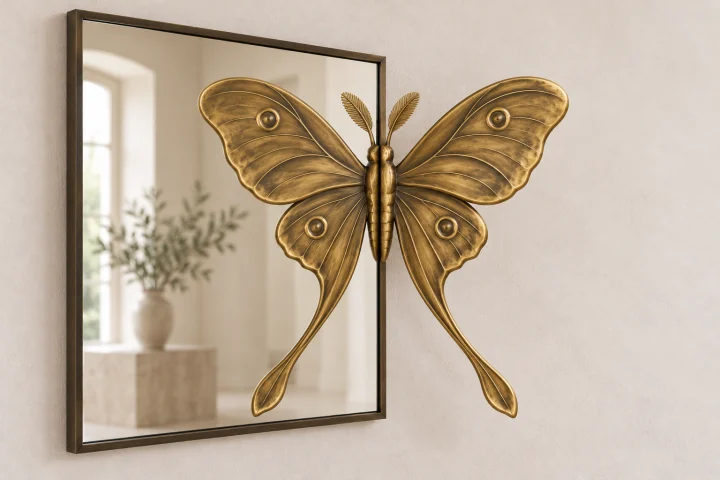 Comet Moth Echo sculptural mirror in warm brass tone, extra tall rectangular frame