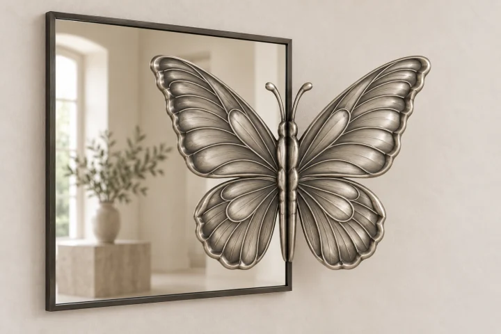 Sunset Moth Echo sculptural mirror in satin silver tone, wide rectangular frame