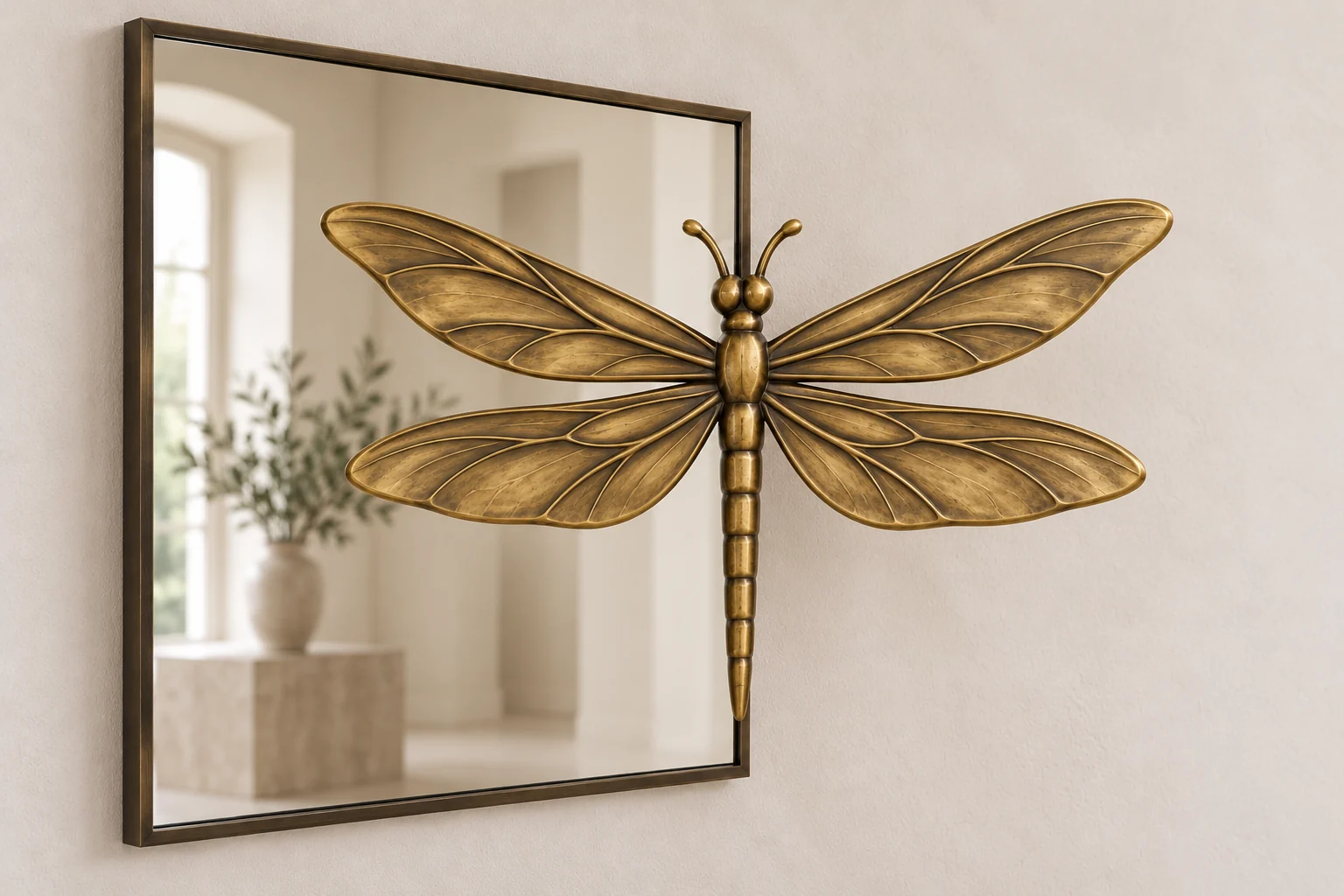Reed Darner Echo sculptural mirror in warm brass tone, tall rectangular frame