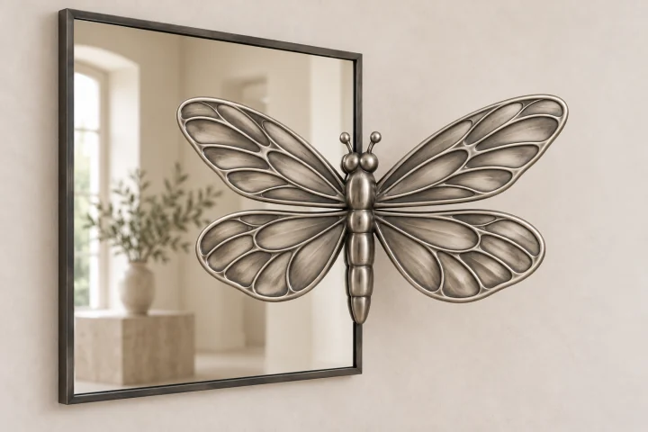 Pond Skimmer Echo sculptural mirror in satin silver tone, wide rectangular frame