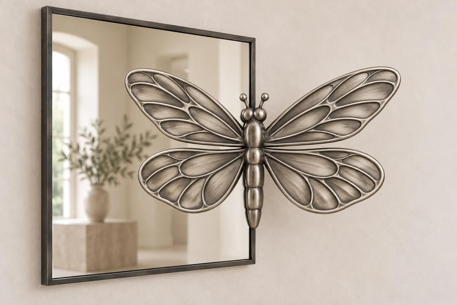 Pond Skimmer Echo sculptural mirror in satin silver tone, wide rectangular frame