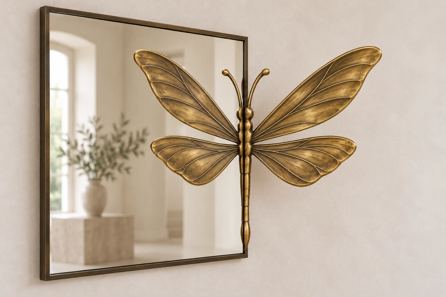 Damselfly Echo sculptural mirror in warm brass tone, slender tall rectangular frame