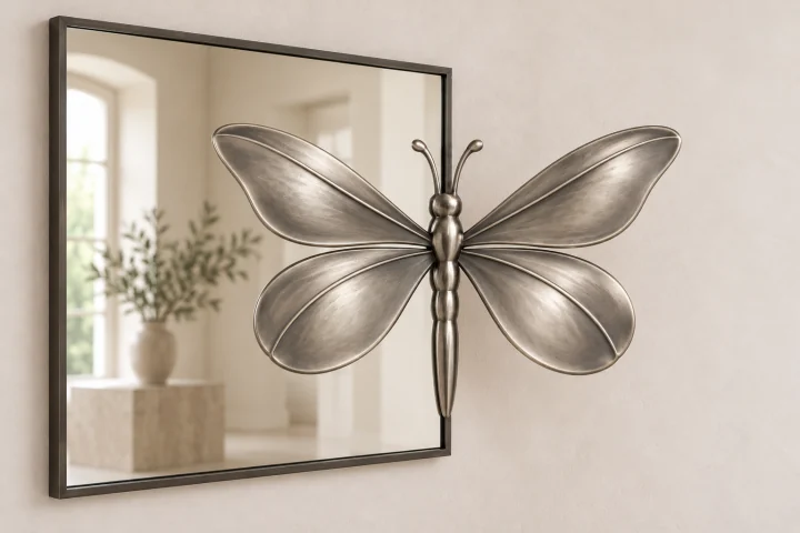 Petal Dragonfly Echo sculptural mirror in satin silver tone, square frame
