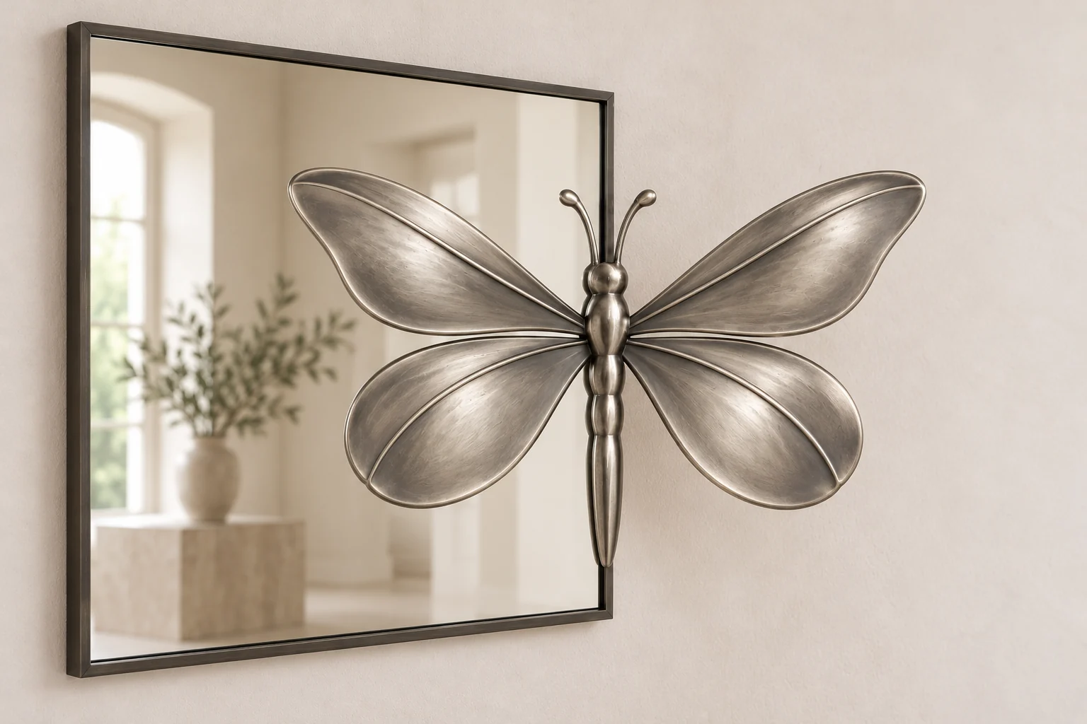Petal Dragonfly Echo sculptural mirror in satin silver tone, square frame