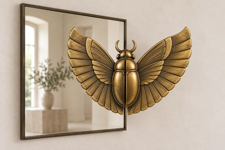Scarab Echo sculptural mirror in warm brass tone, square frame
