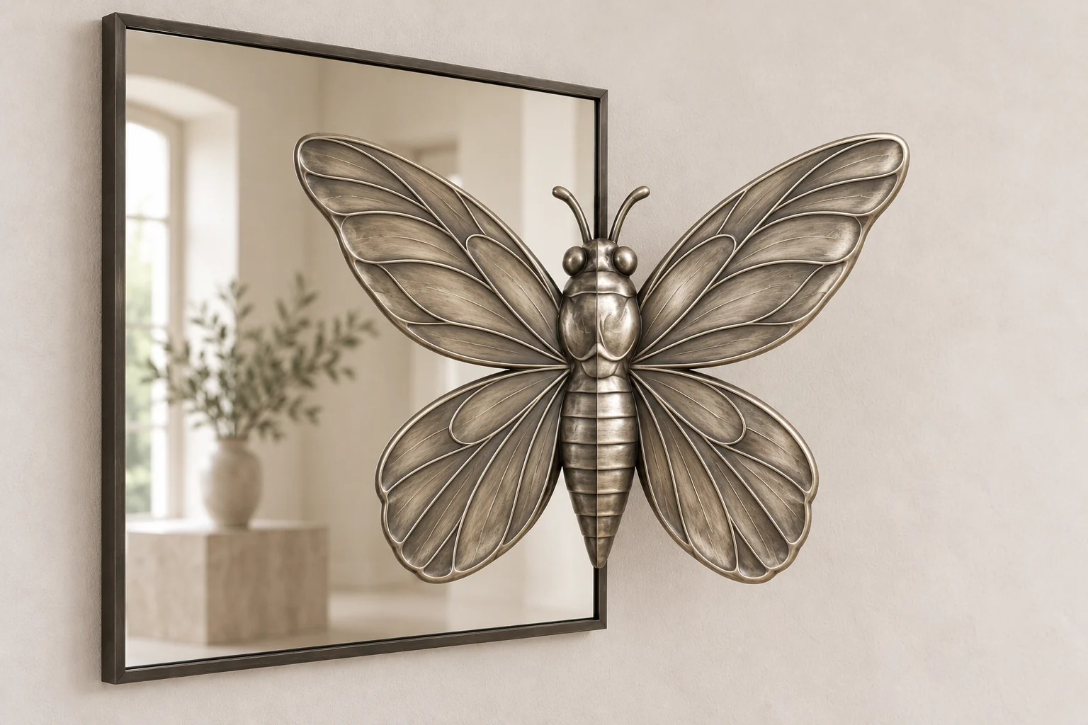 Cicada Echo sculptural mirror in satin silver tone, tall rectangular frame