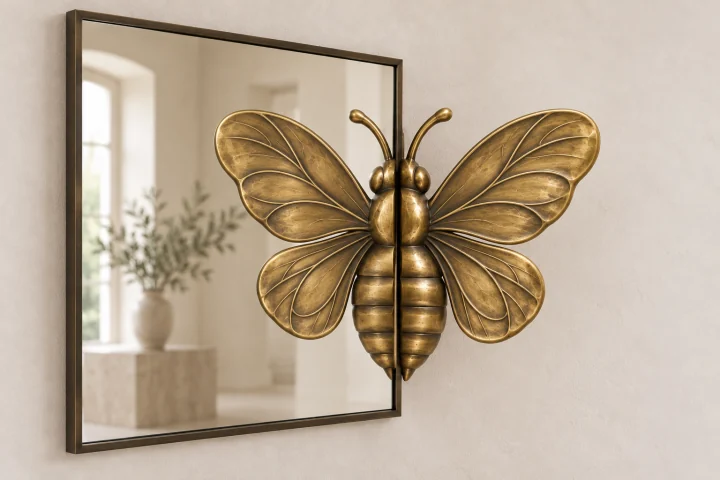 Honeybee Echo sculptural mirror in warm brass tone, square frame