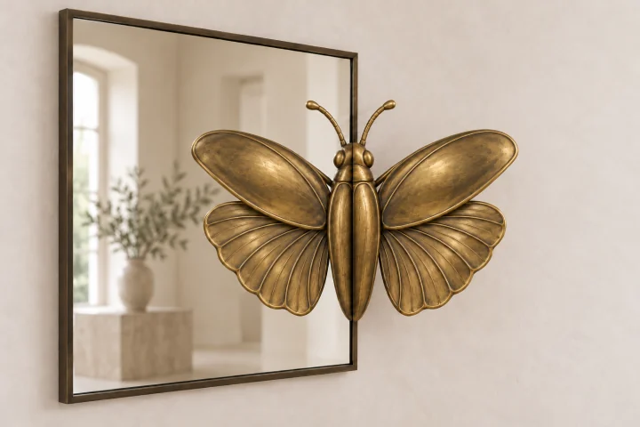 Jewel Beetle Echo sculptural mirror in warm brass tone, tall rectangular frame