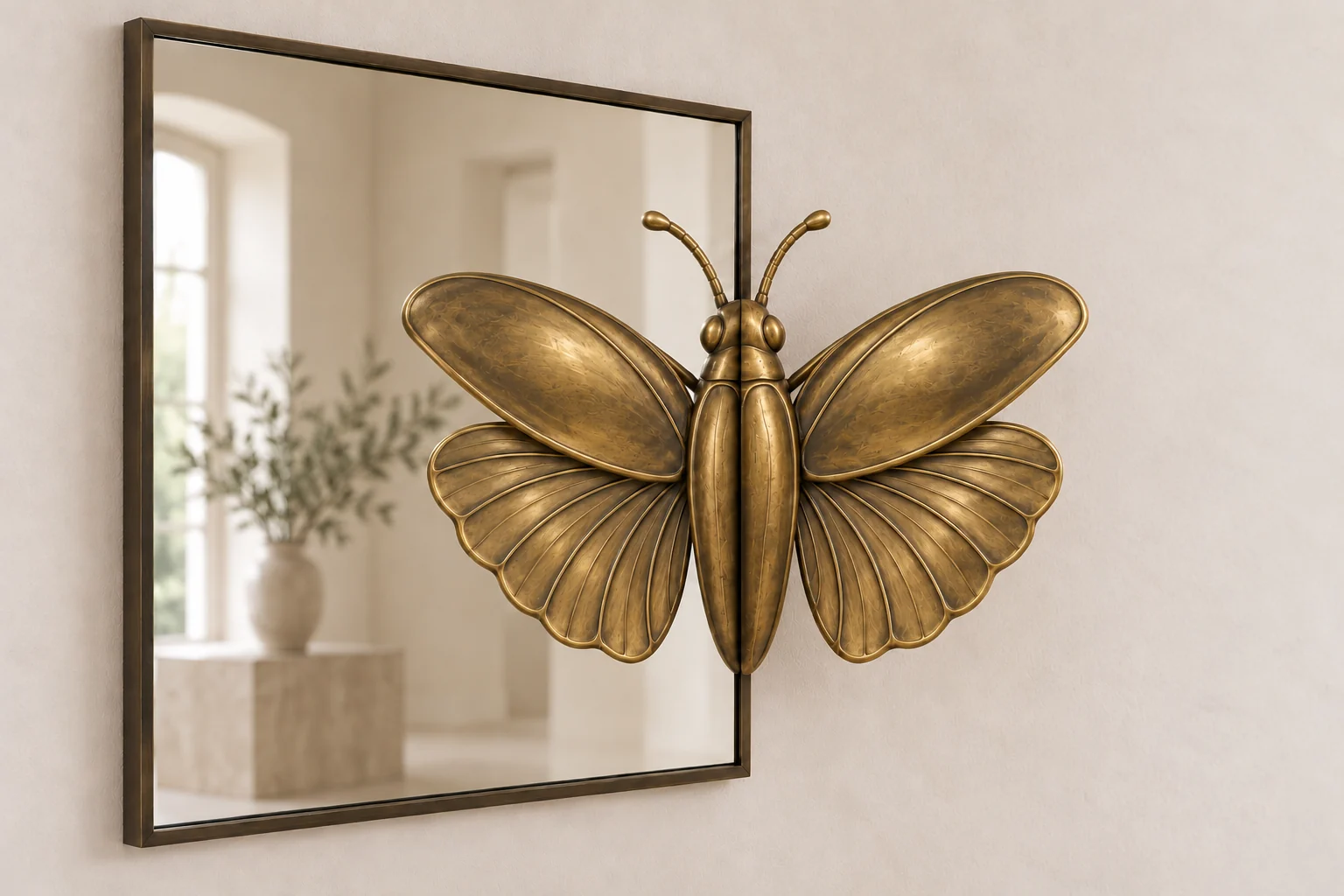 Jewel Beetle Echo sculptural mirror in warm brass tone, tall rectangular frame