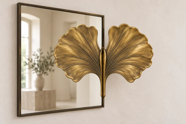 Ginkgo Echo sculptural mirror in warm brass tone, wide rectangular frame