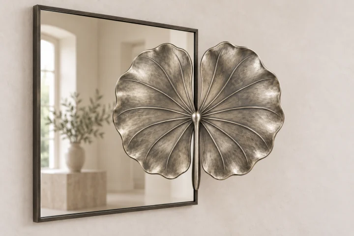 Lotus Leaf Echo sculptural mirror in satin silver tone, square frame