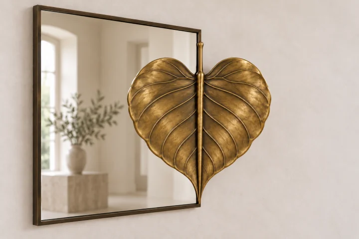 Bodhi Echo sculptural mirror in warm brass tone, tall rectangular frame
