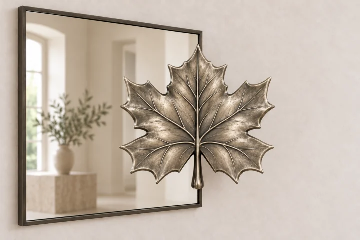 Maple Echo sculptural mirror in satin silver tone, square frame