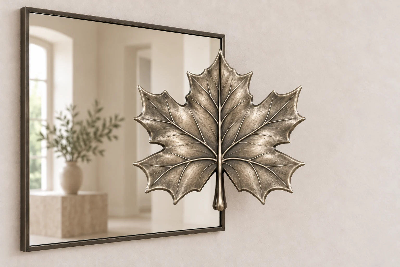 Maple Echo sculptural mirror in satin silver tone, square frame