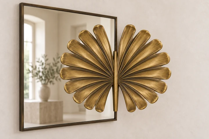 Fan Palm Echo sculptural mirror in warm brass tone, wide rectangular frame