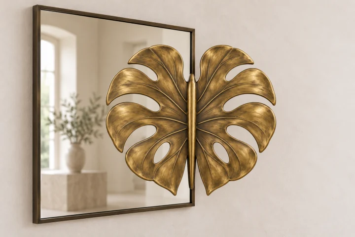 Monstera Echo sculptural mirror in warm brass tone, tall rectangular frame