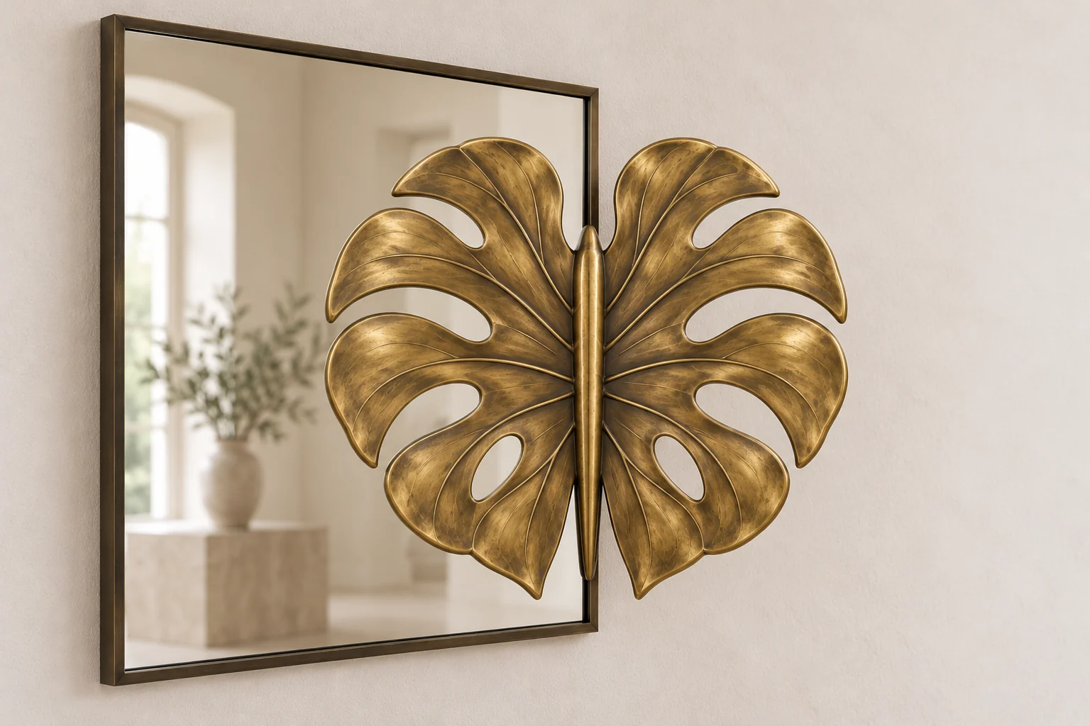 Monstera Echo sculptural mirror in warm brass tone, tall rectangular frame