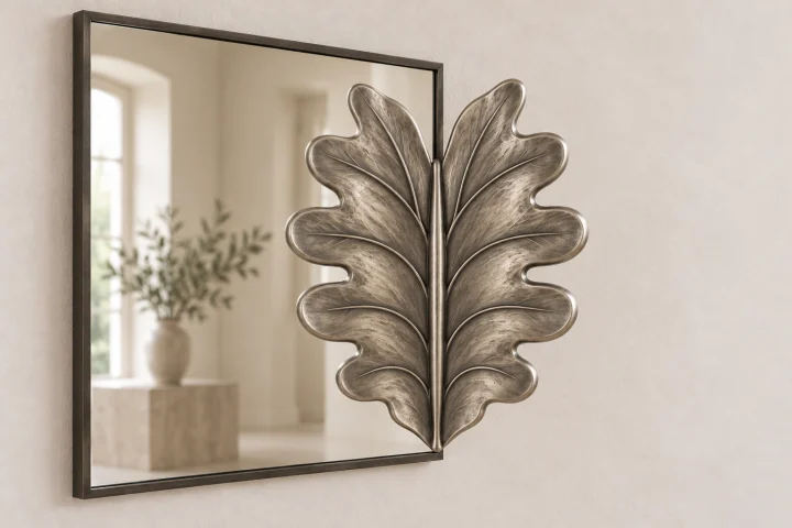 Oak Leaf Echo sculptural mirror in satin silver tone, tall narrow rectangular frame