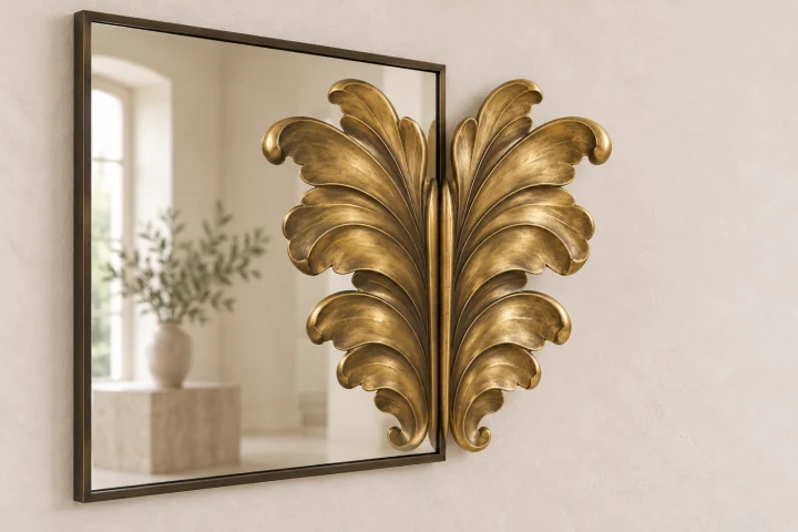 Acanthus Echo sculptural mirror in warm brass tone, tall rectangular frame