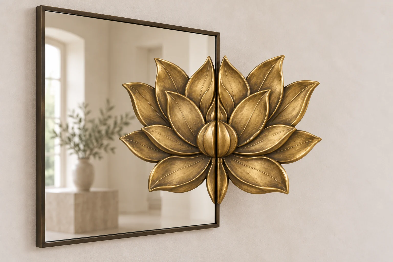 Lotus Bloom Echo sculptural mirror in warm brass tone, square frame