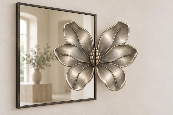 Magnolia Echo sculptural mirror in satin silver tone, square frame