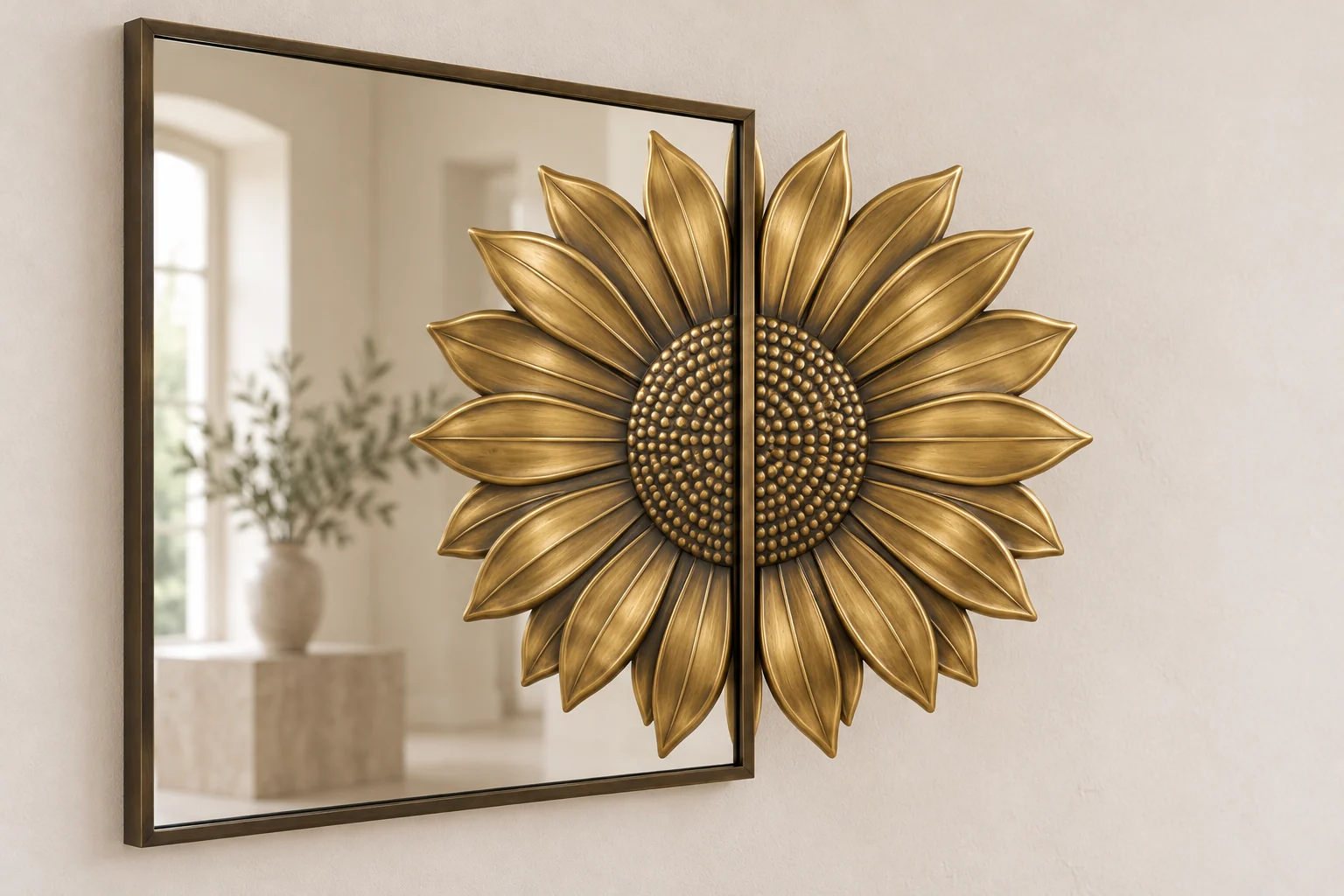Sunflower Echo sculptural mirror in warm brass tone, wide rectangular frame