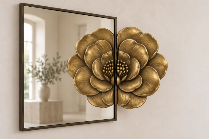 Camellia Echo sculptural mirror in warm brass tone, square frame
