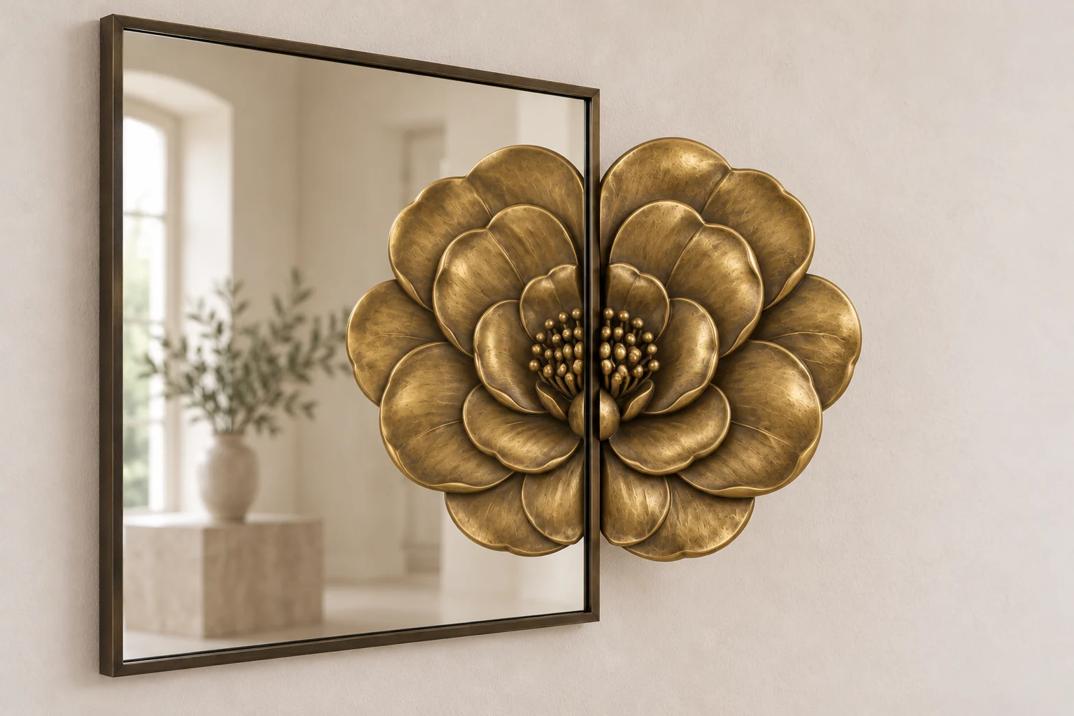 Camellia Echo sculptural mirror in warm brass tone, square frame