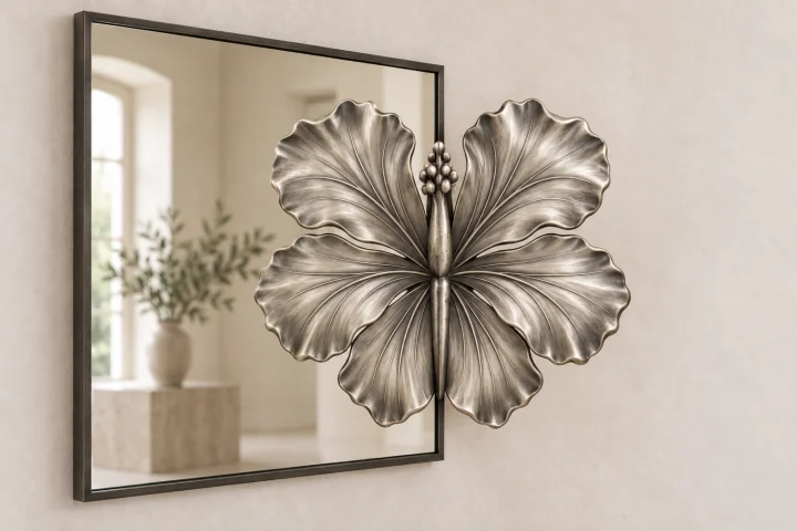 Hibiscus Echo sculptural mirror in satin silver tone, wide rectangular frame