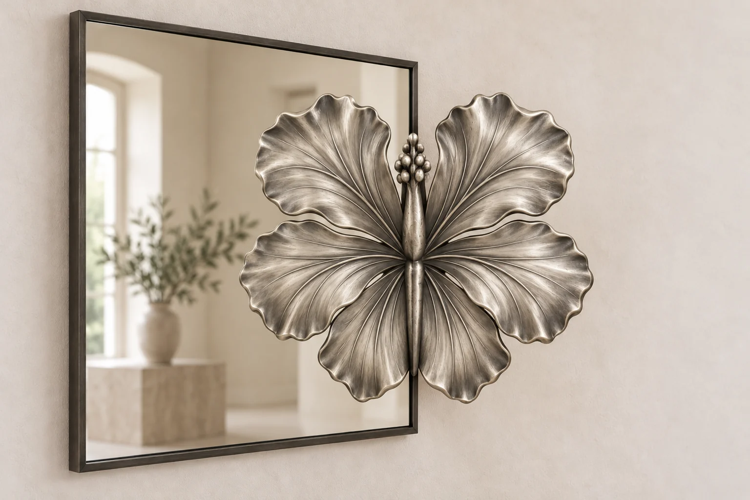 Hibiscus Echo sculptural mirror in satin silver tone, wide rectangular frame