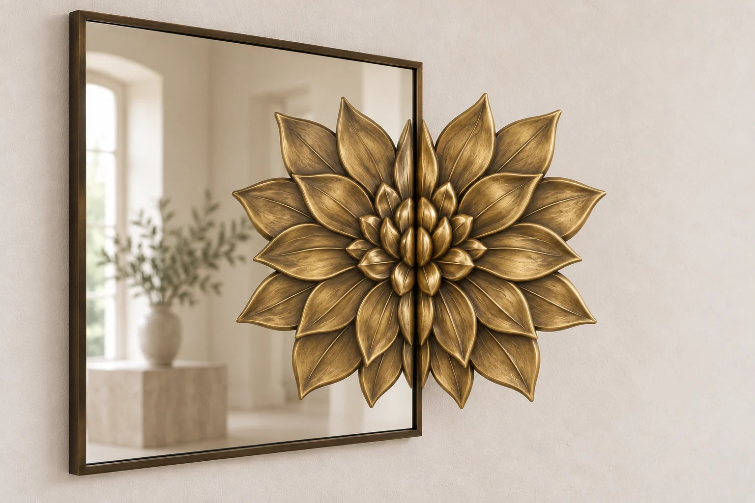 Dahlia Echo sculptural mirror in warm brass tone, square frame