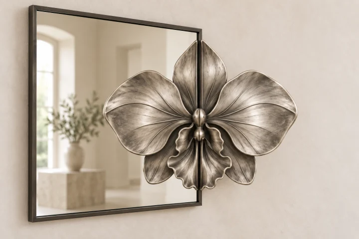 Orchid Echo sculptural mirror in satin silver tone, tall rectangular frame