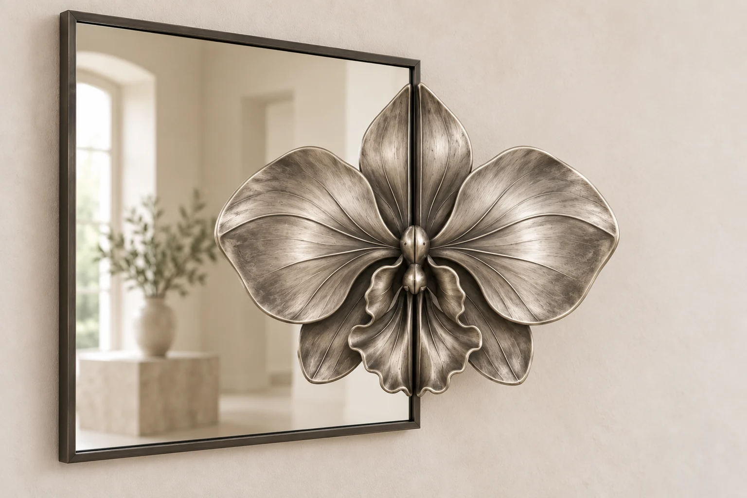 Orchid Echo sculptural mirror in satin silver tone, tall rectangular frame
