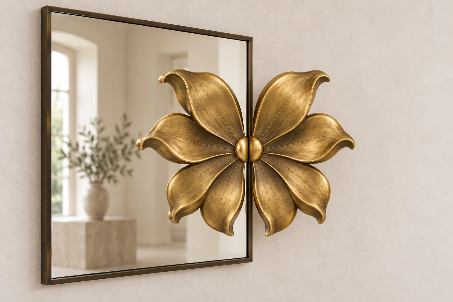 Jasmine Echo sculptural mirror in warm brass tone, square frame